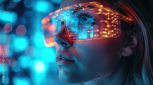 Businesswoman with reality glasses, VR, IoT networks and data analytics, analyzing a dashboard showing sales and operations data, big data analytics, Corporate strategy, marketing in modern office
