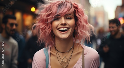 A vibrant woman with pink hair, adorned with a stylish hairpiece and necklace, smiles radiantly on the bustling street, showcasing her unique fashion sense and bold personality