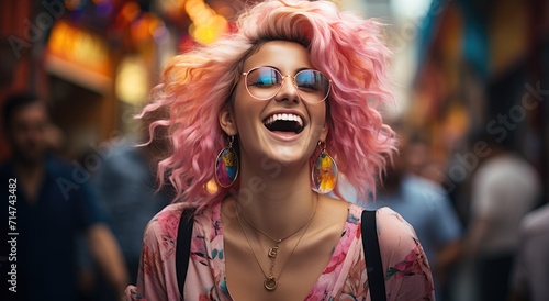 A vibrant woman with pink hair and glasses exudes joy as she laughs in her unique halloween costume on a lively street © Larisa AI