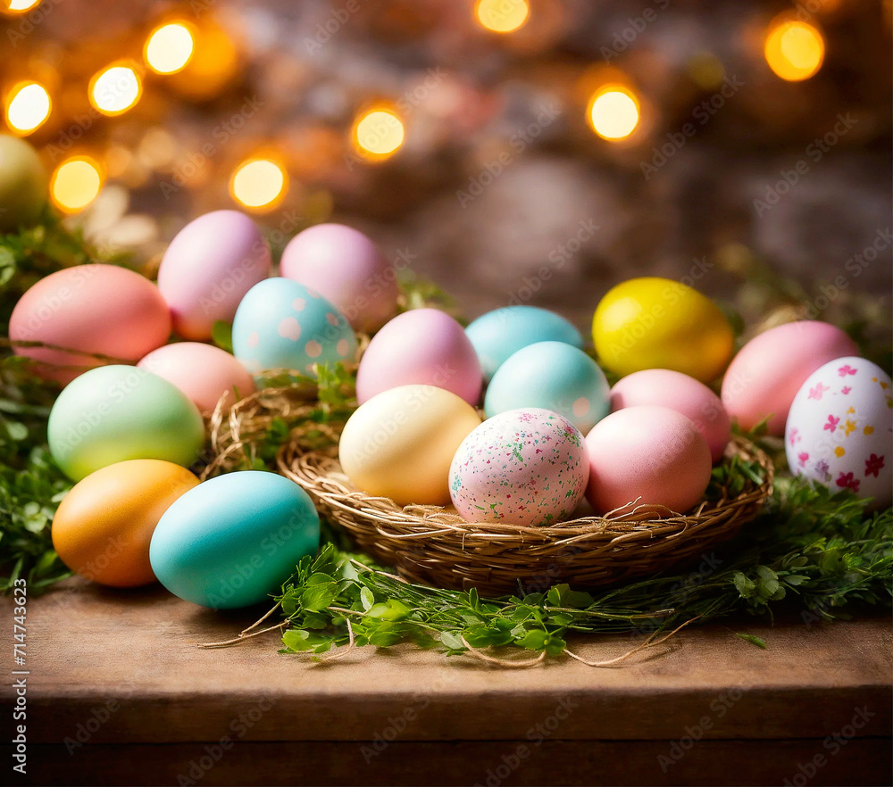 A wicker plate with Easter eggs on the green grass A wicker plate with Easter eggs on the green grass