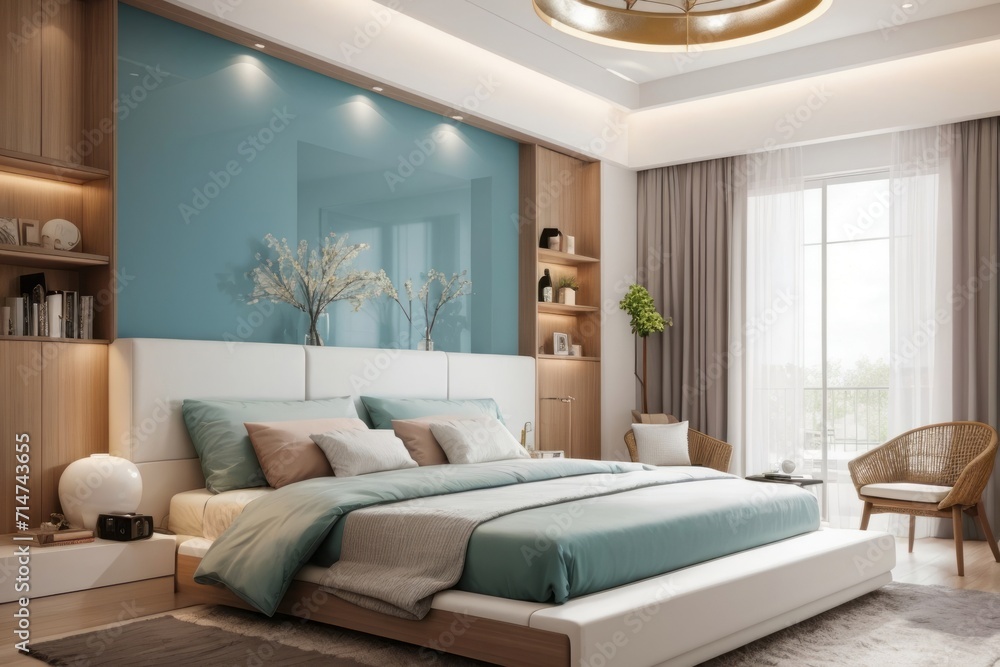 Interior home design of modern bedroom with wooden bed and furniture with elegant curtained window