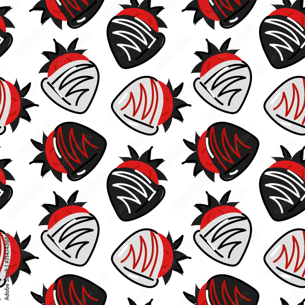 Pattern is a large strawberry in chocolate doodle. Seamless pattern for Valentine's Day with chocolate, candies, strawberries. Vector flat doodle illustration in black and red colors on a white