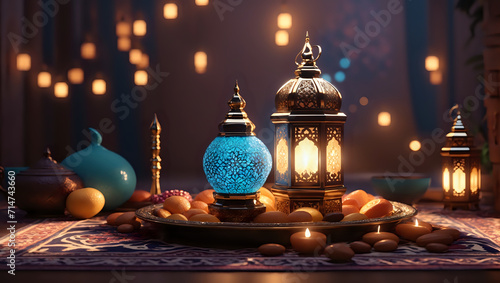 Bokeh Delight around Glowing Ramadan Lantern generative ai