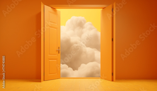 Open door in space with white cloud