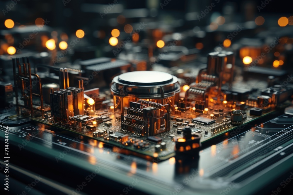 Amidst the bustling city, a mesmerizing view of intricate electronic components on a circuit board captivates the eye with its promise of innovation and advancement in electronic engineering