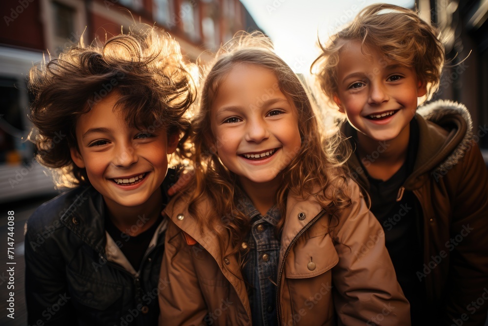 Joyful group of children strike a pose outdoors, their beaming faces radiating pure happiness as they stand confidently in their stylish jackets alongside a woman Joyful group of children strike a pose outdoors, their beaming faces radiating pure happiness as they stand confidently in their stylish jackets alongside a woman