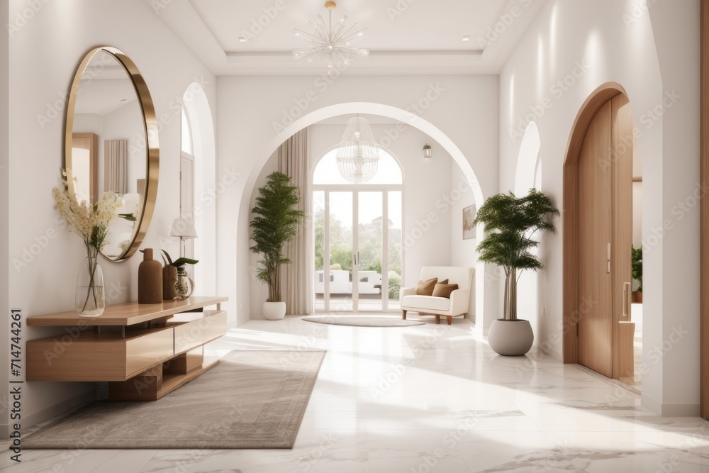 Interior home design of modern entrance hall with home furniture and stair houseplants in the villa