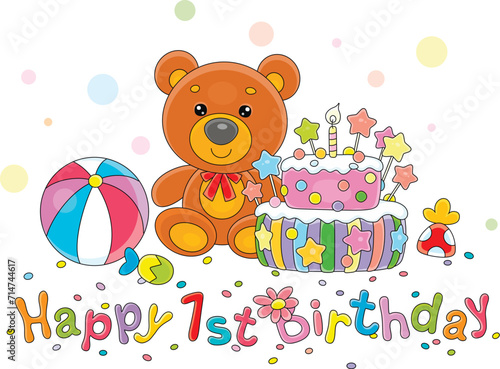Greeting card with a cute toy bear, a colorful striped ball and a fancy birthday cake with sweet candies a burning candle, vector cartoon illustration on a white background