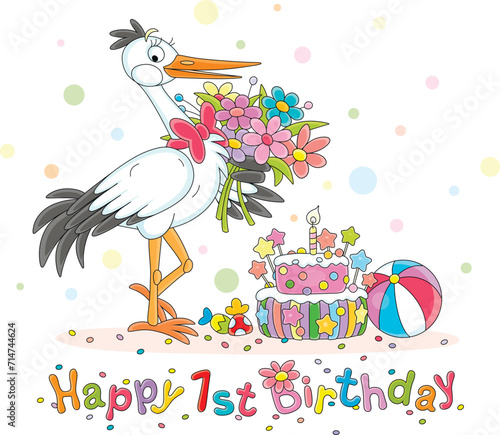 Greeting card with a cute white stork holding a bouquet of colorful flowers and a fancy birthday cake with sweet candies and a burning candle, vector cartoon illustration on a white background photo