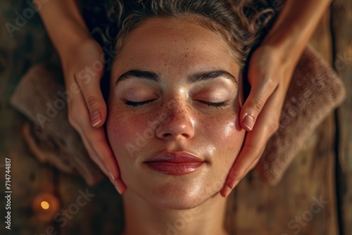 Portrait of a vacationing woman in a spa salon. A woman's relaxed face during a facial massage.