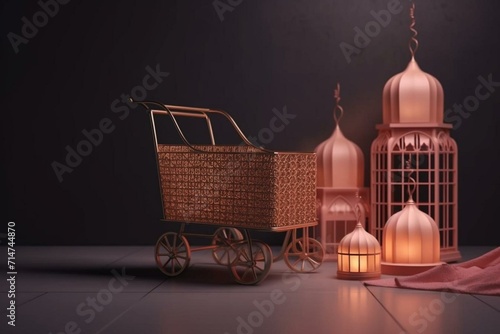 3D rendering of Arabian lantern and shopping cart background. Concept of Islamic celebration with blank space, bag, and gift box. Generative AI