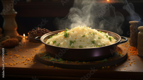 A plate of steaming hot mandi rice, a traditional Arab dish often eaten during Ramadhan photo