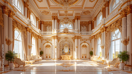 A classic extravagant European style palace room with gold decorations. Realistic illustration. wide format, Hand edited generative AI. photo