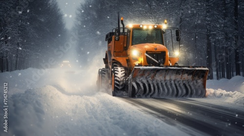 A snowplow is shoveling snow on a snowy city road.