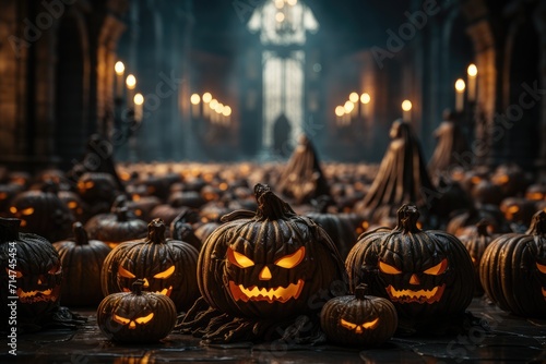 In a dimly lit room, a cluster of intricately carved pumpkins with glowing eyes and wicked grins evoke the spirit of halloween, their orange skin resembling the gourd-like cucurbita they were born fr photo