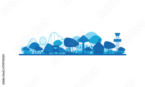 Abstract blue amusement park landscape with silhouettes of rollercoaster and carousel vector illustration