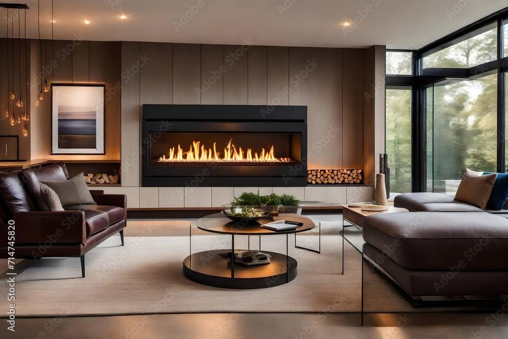 A modern interior design with a natural fire elegantly enclosed behind a glass door in a fireside. A modern interior design with a natural fire elegantly enclosed behind a glass door in a fireside.
