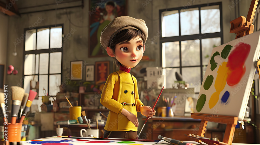 Young Artist in Beret Crafting Vibrant Strokes on Canvas in an Enchanting Studio, Surrounded by Animated Art Supplies - A 3D Animated Model Bringing Creativity to Life