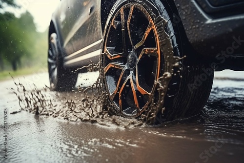 The car drives through puddles after the rain