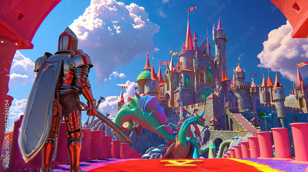 Quest of the Brave Knight: 3D Animated Model in Shining Armor Explores a Magical Kingdom, Confronting Animated Dragons, Unveiling Majestic Castles, and Encountering Enchanting Wonders