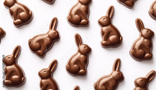 Happy Easter concept. Delicious traditional chocolate Easter bunny creative pattern isolated on white background. Top view and flat lay