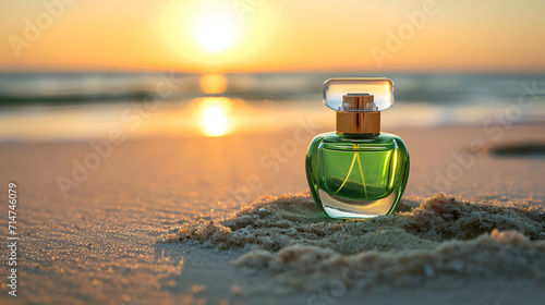 a green perfume bottle on a beach sand, studio photography natural lighting generative ai photo