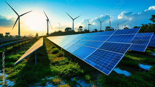 Eco-friendly energy sources with wind and solar power, emphasizing renewable and alternative energy.