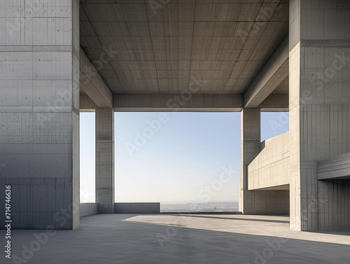 Minimalist architecture with expansive concrete surfaces overlooks a tranquil cityscape at dawn.