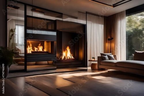 A modern interior design with a natural fire elegantly enclosed behind a glass door in a fireside. © Mehram