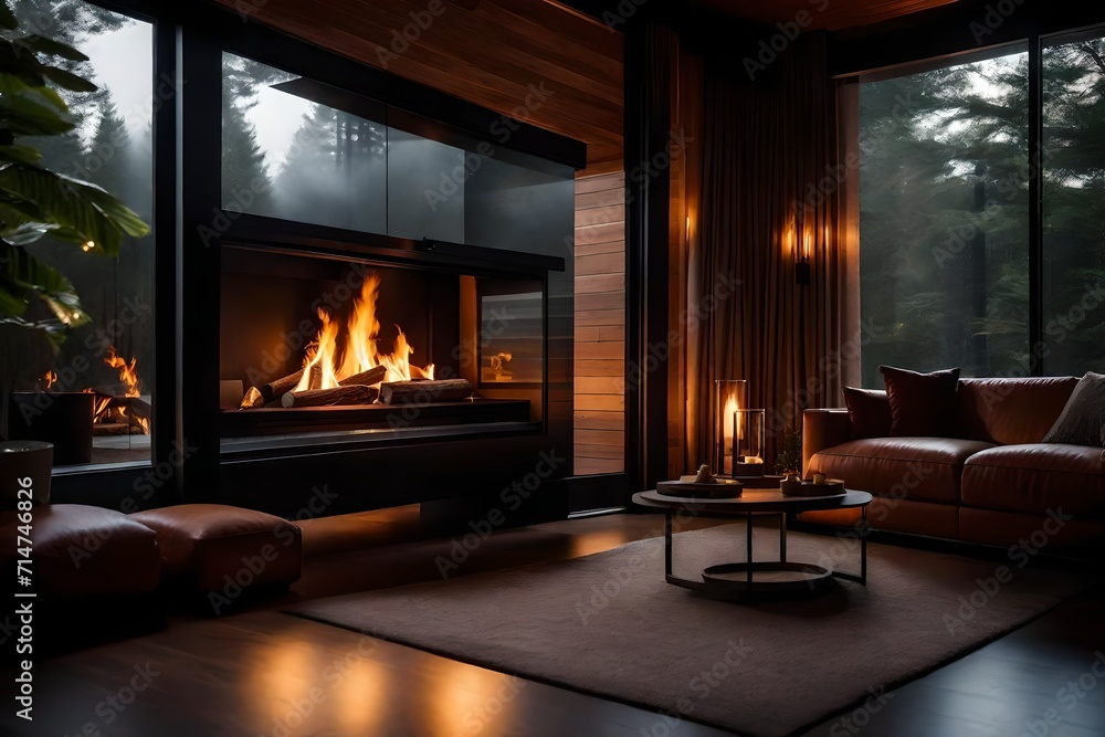 A modern interior design with a natural fire elegantly enclosed behind a glass door in a fireside.