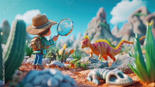 Adventurous Archaeologist: 3D Animated Model of a Little Explorer with a Magnifying Glass, Uncovering Animated Dinosaur Fossils in a Playful and Prehistoric Landscape