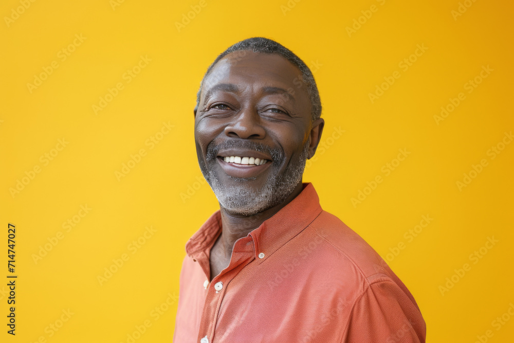 A man in a red shirt is smiling in front of a yellow background A man in a red shirt is smiling in front of a yellow background