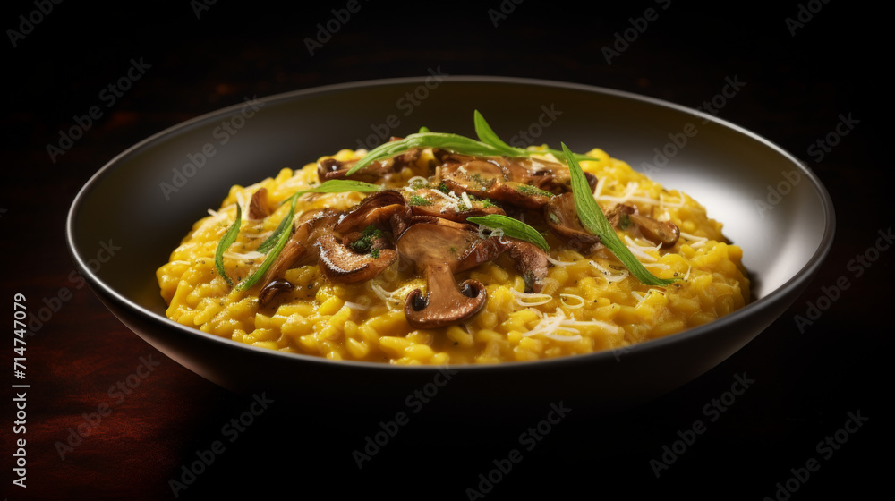A bowl of creamy mushroom risotto, infused with fragrant spices like saffron and cardamom A bowl of creamy mushroom risotto, infused with fragrant spices like saffron and cardamom