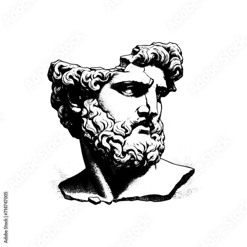 cracked statue head of greek sculpture sketch engraving style vector illustration. greek silhouette