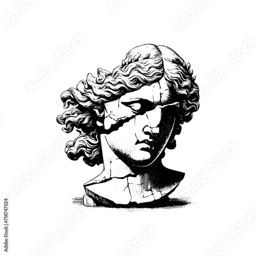 cracked statue head of greek sculpture sketch engraving style vector illustration. greek silhouette