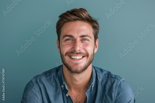 A man with a beard is smiling and wearing a blue shirt