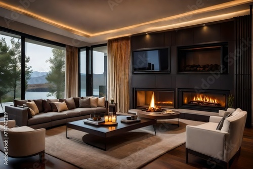 A modern interior design with a natural fire elegantly enclosed behind a glass door in a fireside.