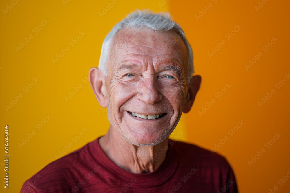 A man with gray hair and a red shirt smiles for the camera A man with gray hair and a red shirt smiles for the camera