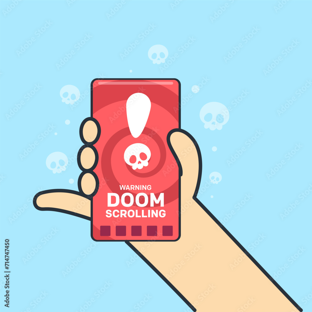 a hand hold a smartphone with text doom scrolling. Vector Illustration a hand hold a smartphone with text doom scrolling. Vector Illustration