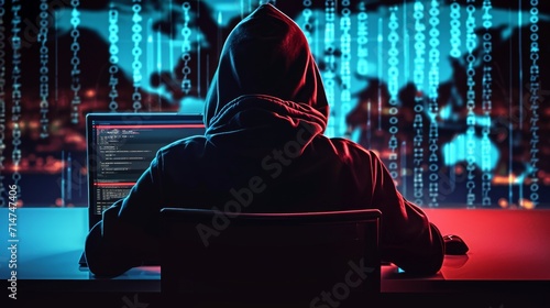 Silhouette of a hooded computer hacker behind multiple displays and digital information. Data thief, cyber fraud, election fraud, darknet and cybersecurity concept.	
