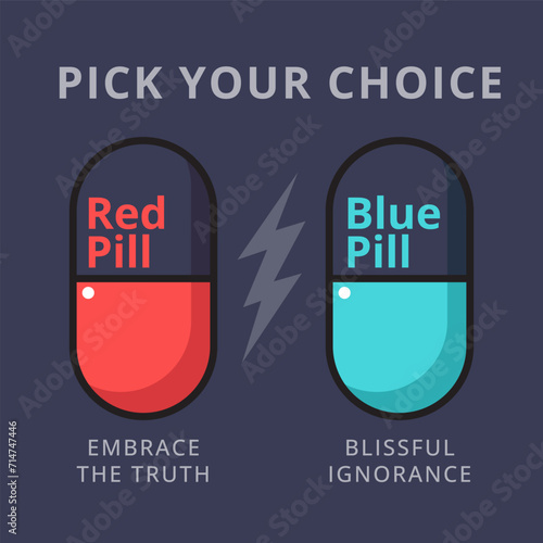 Red Pill and Blue Pill in dark background.Isolated Vector Illustration photo