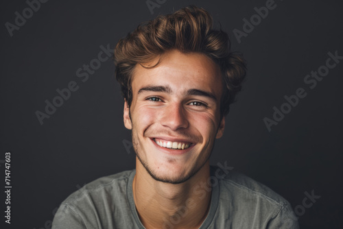 A young man with a beard is smiling for the camera