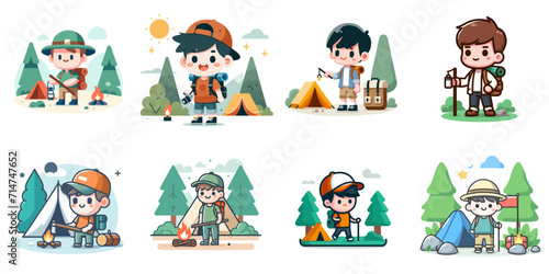 Vector cute guy character camping in flat style