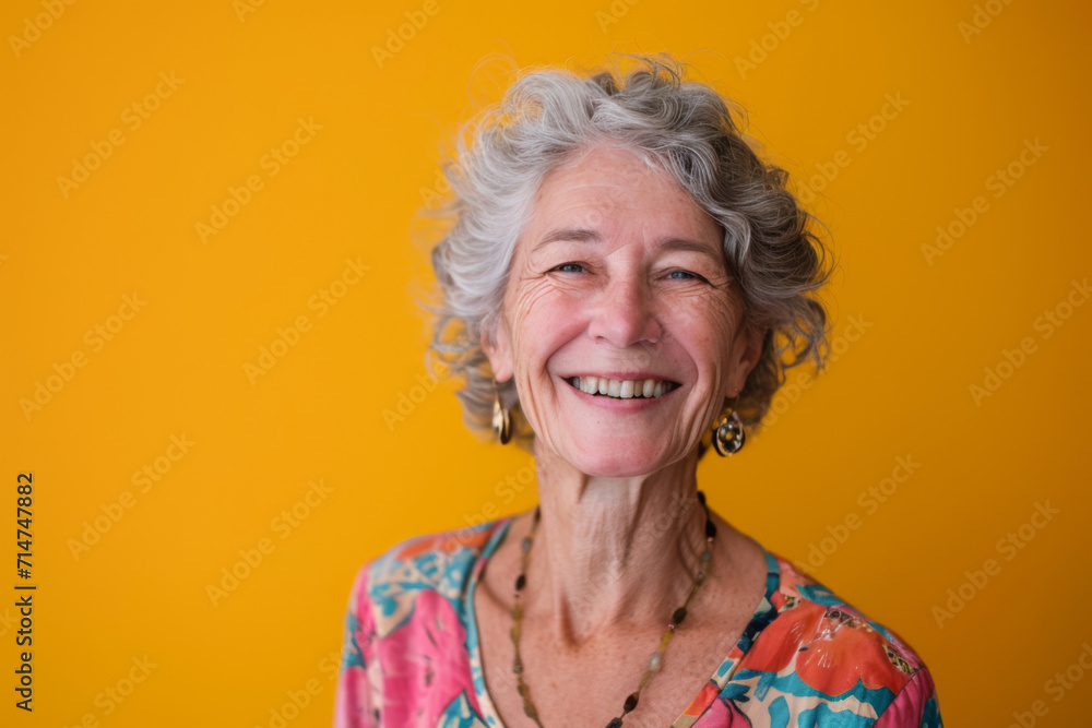 A woman with gray hair is smiling in front of a yellow background A woman with gray hair is smiling in front of a yellow background