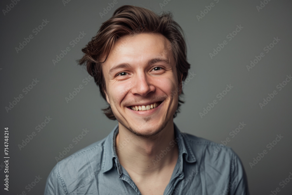 A man in a blue shirt smiles for the camera