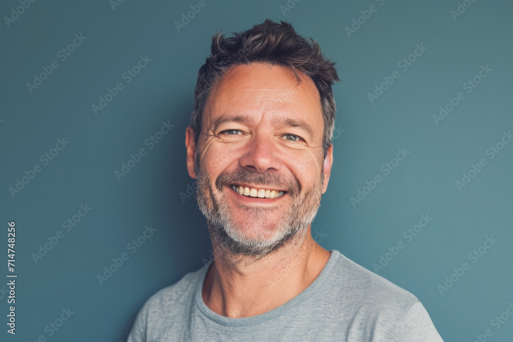 A man with a beard is smiling in front of a blue wall A man with a beard is smiling in front of a blue wall