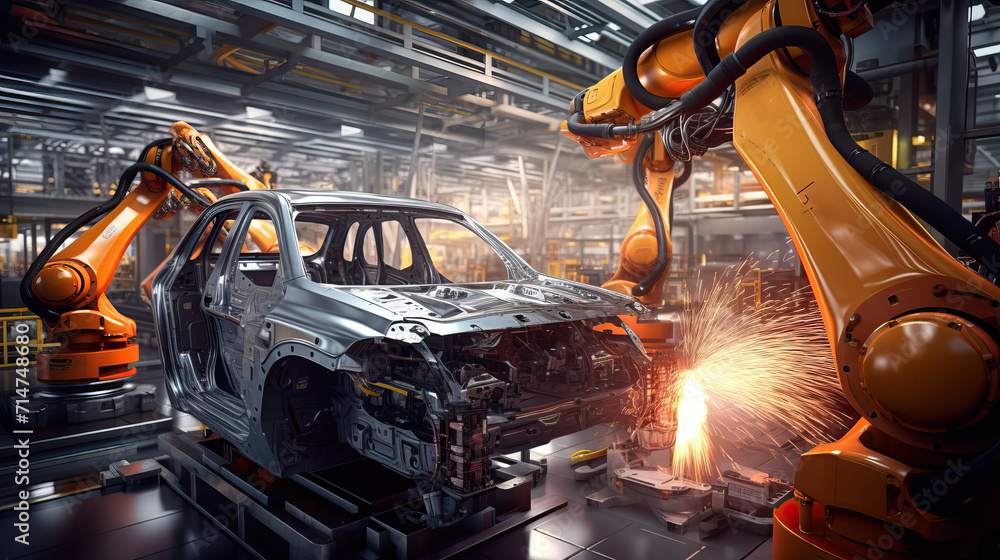 Car Factory Automation Robotic Welding of Car Body on Conveyor Photos