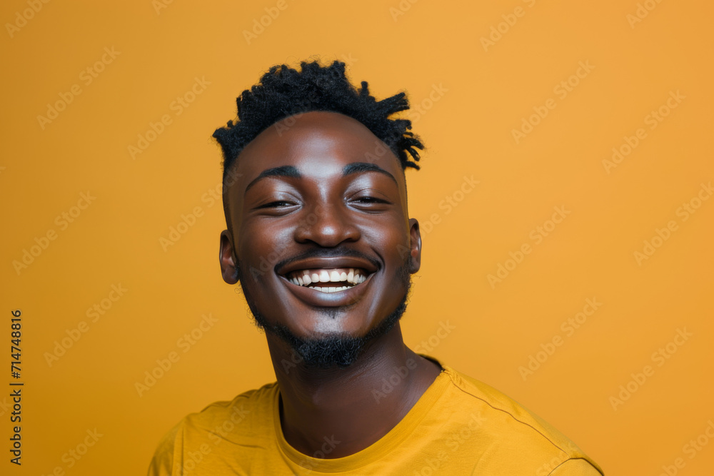 A man in a yellow shirt is smiling with his eyes closed A man in a yellow shirt is smiling with his eyes closed