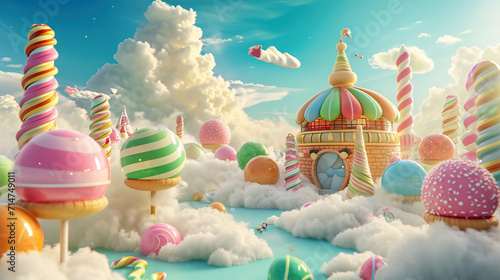 Sugar Coated Dreams: Candy Factory in the Clouds, 3D Model Showcasing Animated Candies and Sweets Being Manufactured with Pure Joy, Surrounded by a Whimsical Rainbow Palette photo