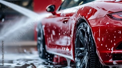 Red Car Sprayed With Water - Refreshing Cleanliness for a Shiny Exterior © mattegg